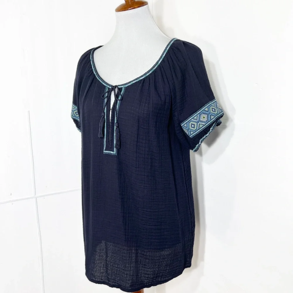 J. Crew Embroidered Tie Neck Navy Blue Short Sleeve Peasant Blouse
